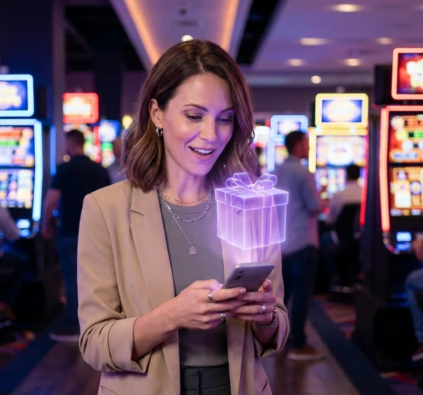 Guest smiling at a glowing digital gift on her phone