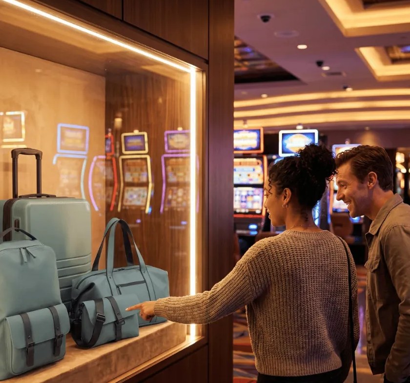 Guests choosing between gift options at a casino rewards display
