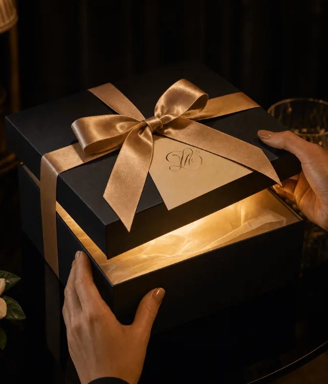 Hands opening a black gift box with a gold ribbon
