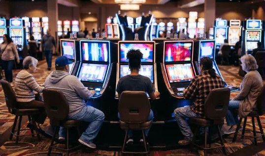 Players at a row of slot machines